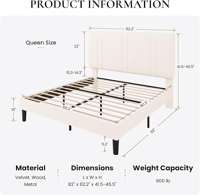 SHA CERLIN Queen Size Platform Bed Frame, Velvet Upholstered Bed with Adjustable Headboard, Vertical Channel Tufted Design, Sturdy Wood Slat Support, No Box Spring Needed, Easy Assembly, Cream White