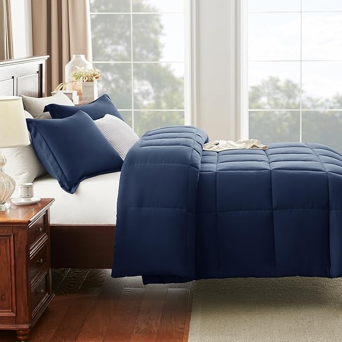 CozyLux Twin/Twin XL Comforter Set Navy Blue - 270GSM Box Stitched Bedding Set for College Dorm & Back to School, Lightweight All Season for Teen Boys, Girls, 2 Pcs with Comforter and Pillow Sham