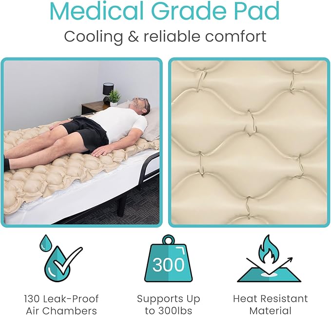Vive Alternating Air Pressure Mattress Pad Replacement - The Original Bed Sore Prevention Solution - Hospital & Home Mattress Topper - Includes Waterproof Inflatable Ulcer Cushion Pad, Heat Resistant