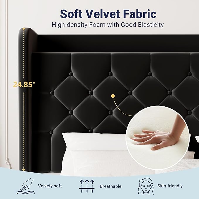 Allewie Full Size Bed Frame, Storage Headboard with Charging Station, Wingback Velvet Upholstered, Diamond Stitched Button Tufted, Sturdy Wooden Slats, No Box Spring Needed, Easy Assembly, Black