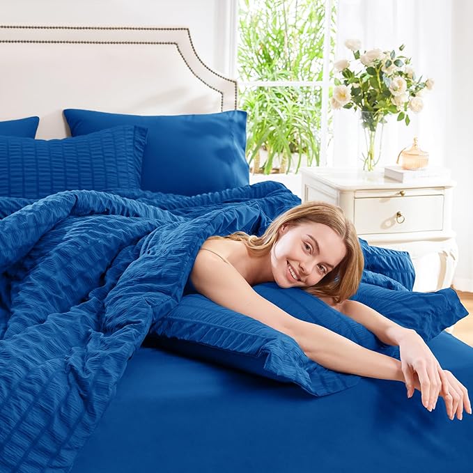 CozyLux Queen Comforter Set Classic Blue Seersucker 7 Pieces Bed in a Bag Queen Comforter Set with Sheets, Luxury Bedding Set with Down Alternative Comforter, Sheets, Pillowcases & Shams All Seasons
