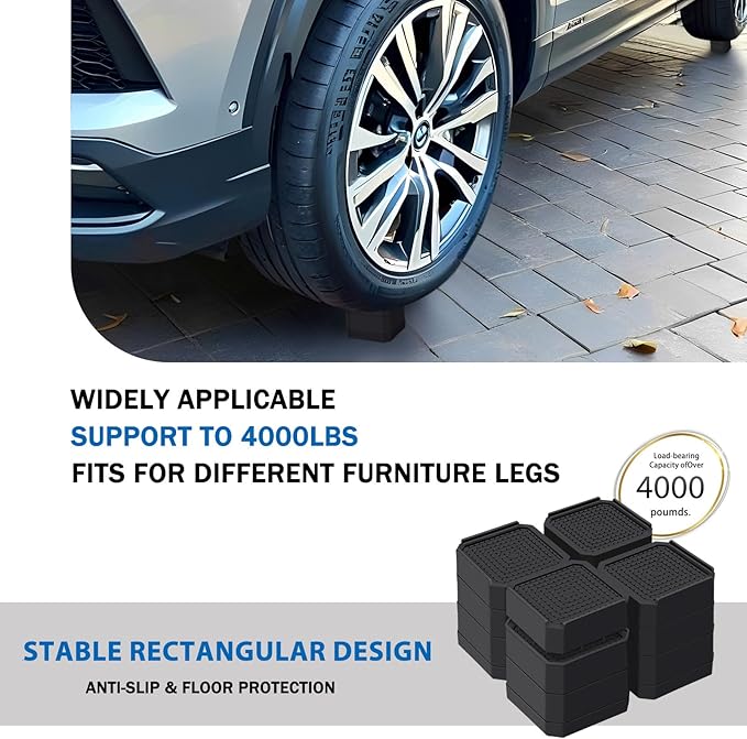 ANNKUT Bed Risers and Furniture Risers, Heavy Duty Adjustable Lifting Blocks for Couches, Desks, and Chairs, Elevates 1.5、3 or 4.3 Inches, Holds up to 4000 lbs (Black)