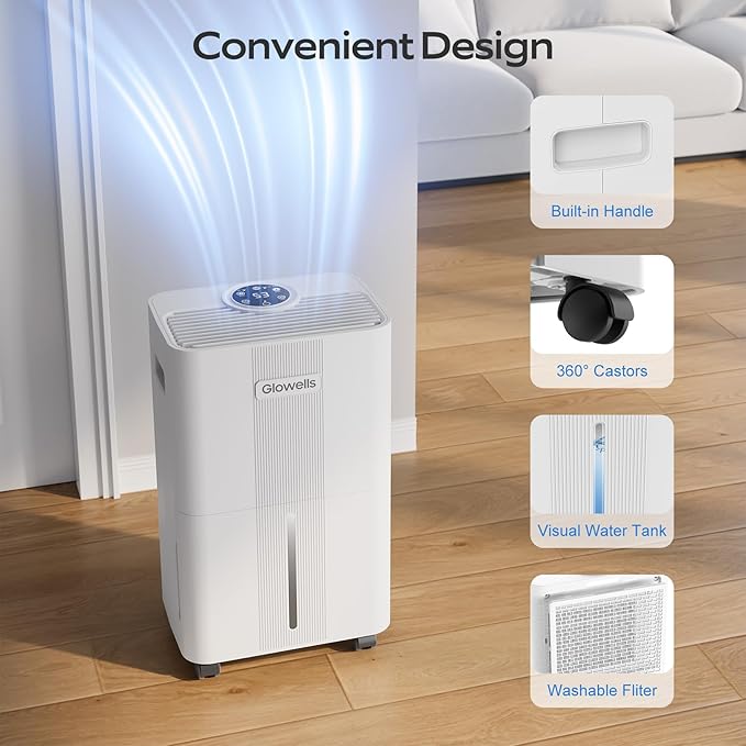 1500 Sq.Ft Dehumidifier for Basement with Drain Hose, Glowells 21 Pints Dehumidifiers for Home, Bathroom, Bedroom Large Room, RV, Three Modes, Quiet with Smart Compressor, Dry Clothes, 24H Timer