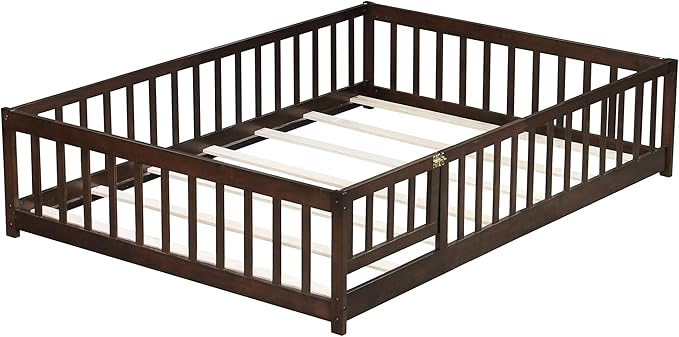 Bellemave Full Size Montessori Floor Bed Frame with Rails & Door, Solid Wood Kids Floor Bed Full with Removable Slats, Low Profile Montessori Bed for Children’s Sleep & Play, Espresso