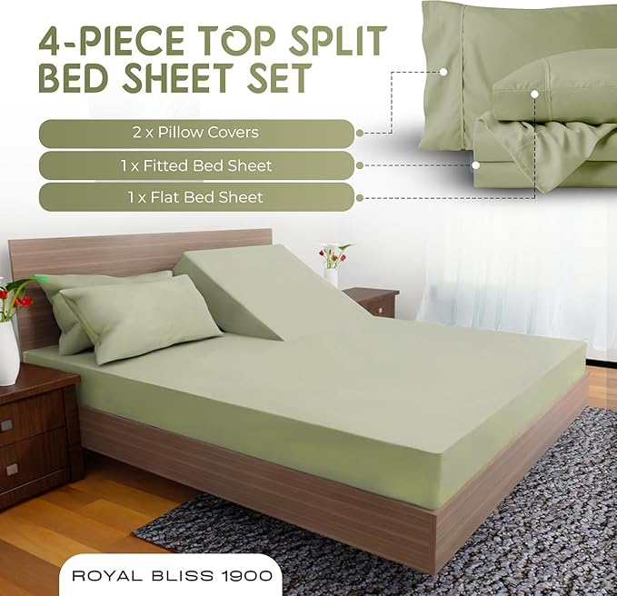 Top Split King Sheets Sets for Adjustable Bed, 4 Pcs Deep Pockets Double Brushed Microfiber Sheets, 34 Inch Split Top Fitted Sheet, 1 King Flat Sheet and 2 Pillowcases (Sage)