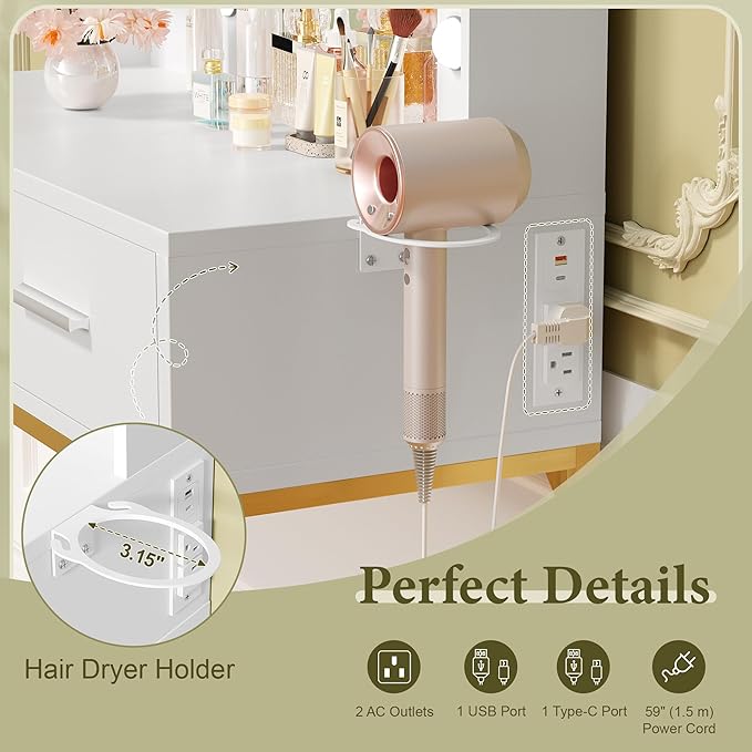 YESHOMY Vanity Desk with Mirror, Makeup Table with 2 Large Drawers, Power Outlet and Round Holder, 3 Color Modes Adjustable Bulb, Milk White & Gold Frame