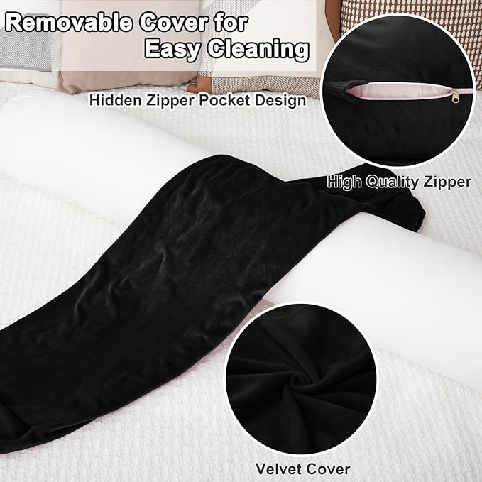 1 MIDDLE ONE Round Body Pillow for Adults, Long Bolster Pillow for Bed with Removable Velvet Cover, Decorative Tube Roll Cylinder Pillow, 35 x 7.87 Inch, Black