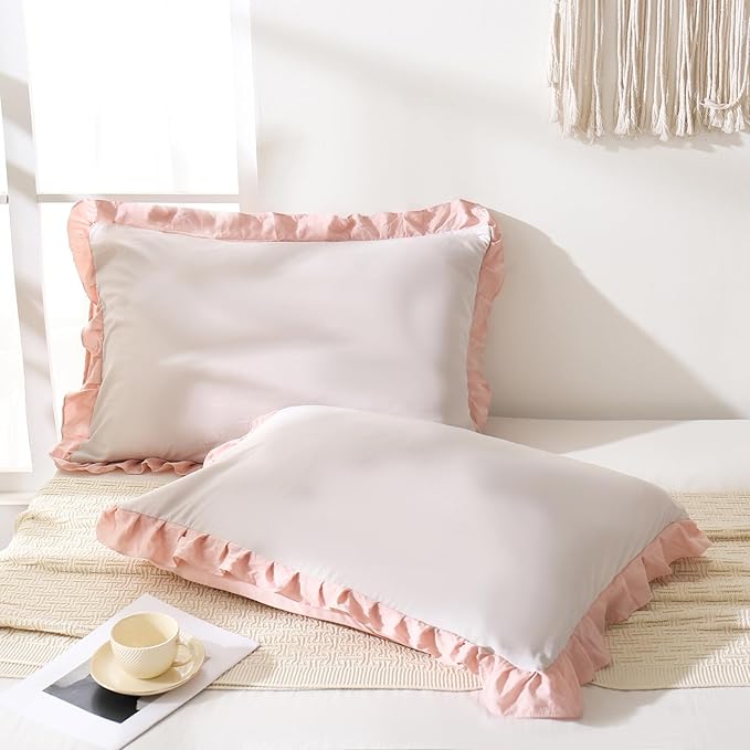 Merryword Pink Pillow Shams Standard Pillowcases 20x26inch Beige and Pink Reversible Cute Pillow Cover Set of 2 Soft Shabby Chic Ruffled Pillowcases