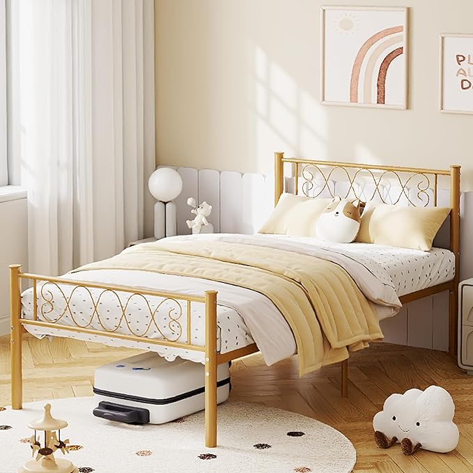 GarveeHome Twin Size Metal Bed Frame with Headboard & Footboard 13.7 Inch Metal Platform Mattress Foundation Support with Strong Metal Slats, Under Bed Storage, No Box Spring Needed