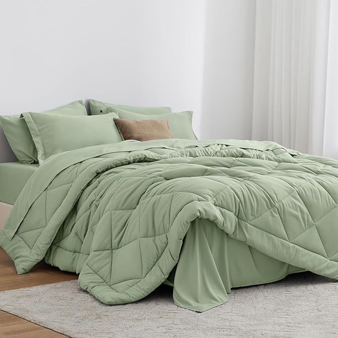 Love's cabin Twin XL Comforter Set Sage, 5 Pieces Twin XL Bed in a Bag, All Season Bedding Sets with 1 Comforter, 1 Flat Sheet, 1 Fitted Sheet, 1 Pillowcase and 1 Pillow Sham | Soft, Breathable, Lightweight, Comfortable