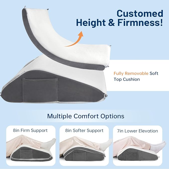 Vekkia Knee Wedge Pillow for Back Sleeping, Dual-Layer Knee Pillow with Dual Handles, Adjustable Elevation Pillow for Legs Post-Surgery, Knee Support, Lower Back Pain Relief, Blood Circulation