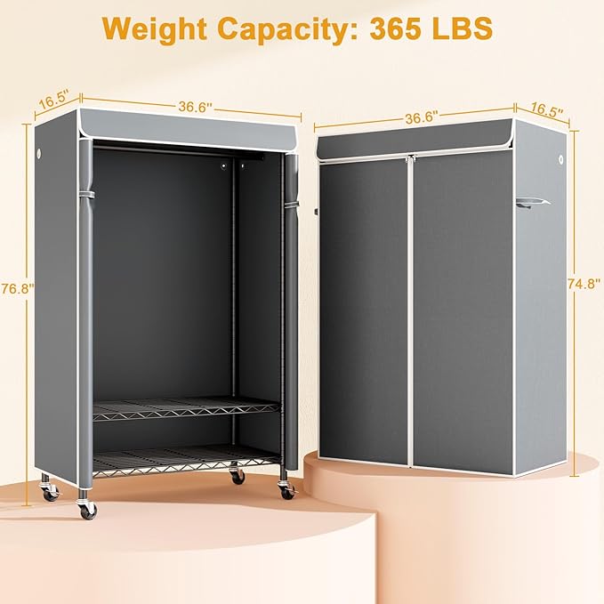 ULIFHOME P6C Rolling Clothes Rack with Cover, Covered Clothing Racks Heavy Duty, Portable Closet for Hanging Clothes, Garment Racks on Wheels, Black Closet Rack with Gray Cover, Max Load 365LBS