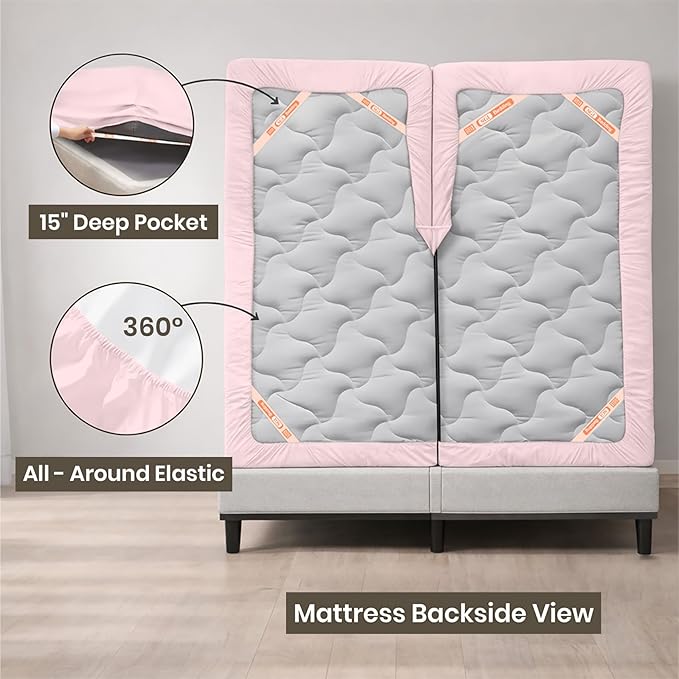 SGI bedding 34" King Split Top Flex Head Sheet 100% Egyptian Cotton Sheet Set 1000 Thread Count Flex Top Sheet for Adjustable Bed 4Pc Sheet Set 15" Deep Pocket for Sleep Number Bed - Blush