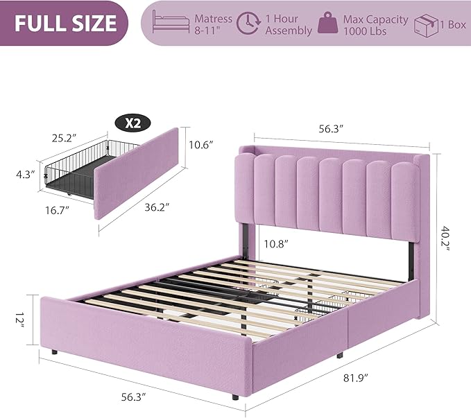 Garvee LED Full Size Bed Frame with Storage Headboard, Kids Bed Frame with 2 Drawers, Boucle Upholstered Platform Bed for Girls, Chic Wavy Headboard with Bookcase, No Box Spring Needed, Purple
