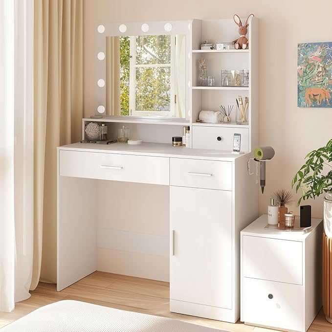 DUMOS Vanity Desk Makeup with Mirror LED Lights, Table with Power Outlet 2 Drawer, 4 Storage Shelves Cabinet & 3 Lighting Mode Adjustable Brightness, Dressing Tables for Bedroom, White