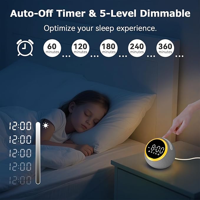 Sound Machine Alarm Clock for Sleep: Digital Alarm Clocks for Bedrooms, 25 Soothing Sounds, 7 Gentle Wake-up Sounds, 16 Adjustable Volume & Timer, Memory Function (Gray)