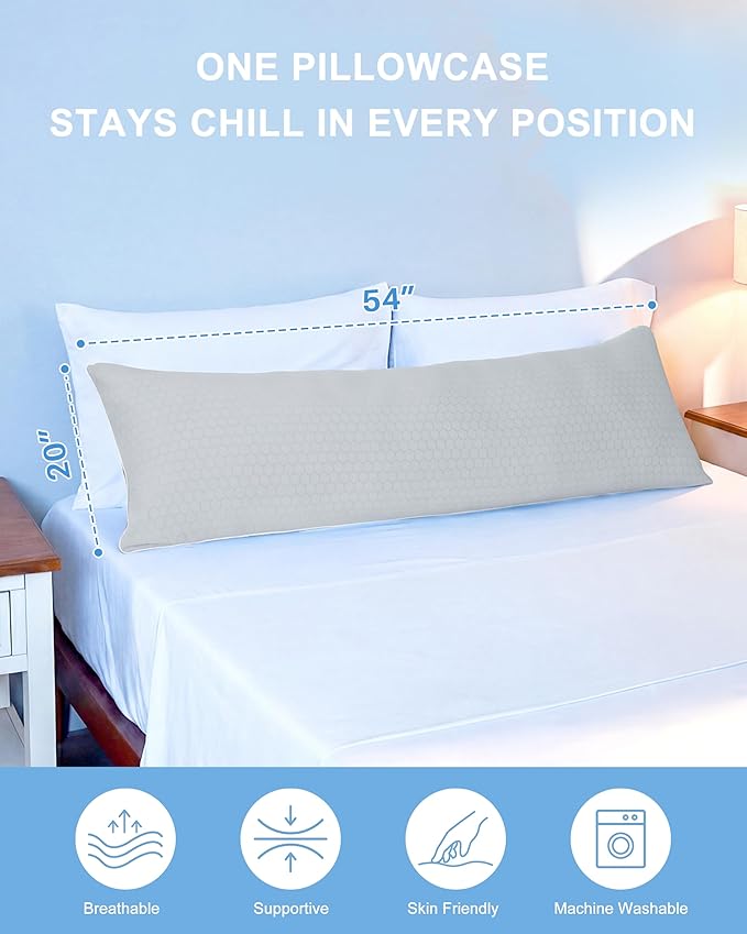 YZ HOME Cooling Body Pillow for Adults, Cold Touch Fabric, Blue Shredded Memory Foam, Support for Side Back Stomach Sleepers, Removable Washable Cover(Grey,20x54 inch)