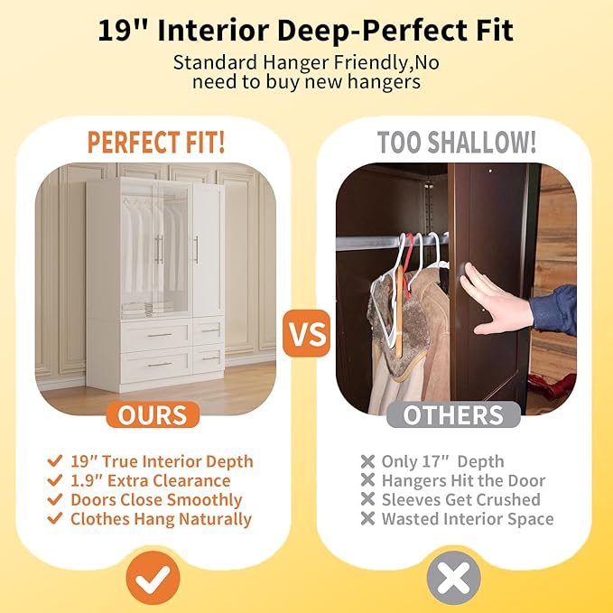 Armoire Wardrobe Closet with 8 Deep Drawers, Wooden Wardrobe Closet with Doors and Shelves, 71" Tall Large Wardrobe Bedroom Armoires with Center Mirror & Hanging Rod, Set of 2, White