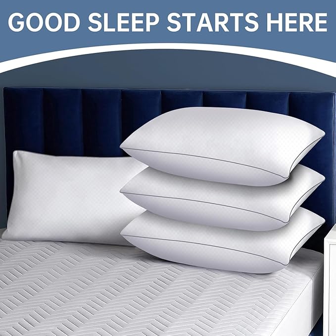Piwaal Bed Pillows for Sleeping King Size Set of 4, Down Alternative Filling, Fluff by Patting Pillows for Back, Stomach or Side Sleepers