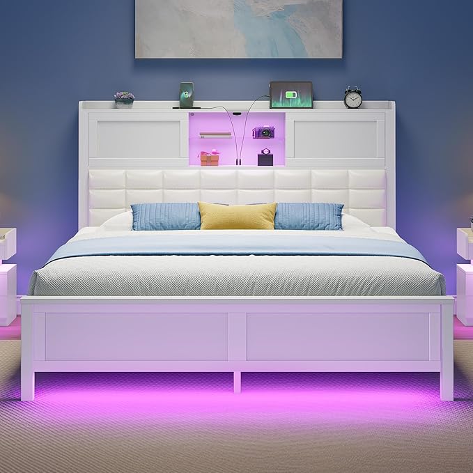 Rolanstar Bed Frame Full Size with Charging Station, Bookcase Headboard Bed with LED Light and Sliding Doors, Platform Bed with Wooden Slats, No Box Spring Needed, Noise Free, White