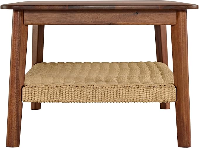 Alaterre Furniture Calais 48 Inch Rectangular Solid Wood Coffee Table with Woven Storage Shelf – Mid Century Modern 2-Tier Living Room Table (Chestnut)