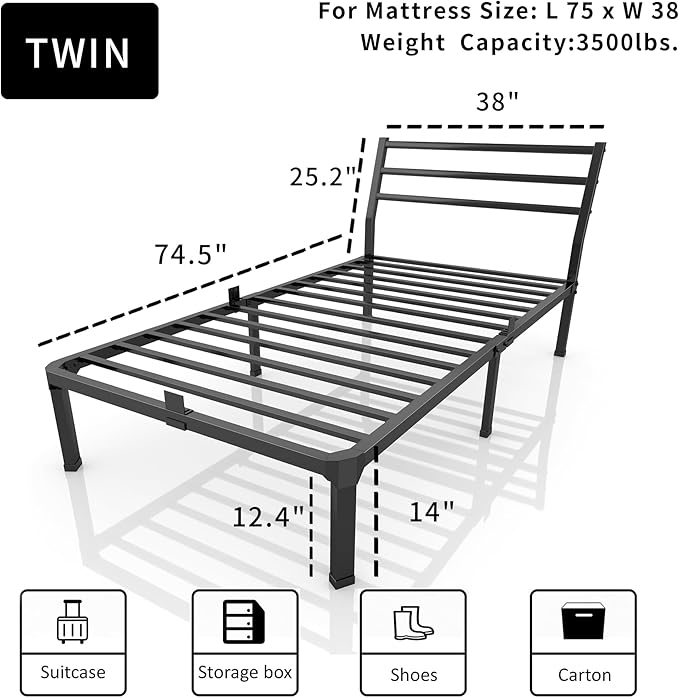 ROIL Twin Size Metal Bed Frame with Headboard, 14inch Black Heavy Duty Platform with Steel Slats Support and Mattress Stoppers, 3500LBS No Box Spring Needed, Easy Assembly Noise-Free