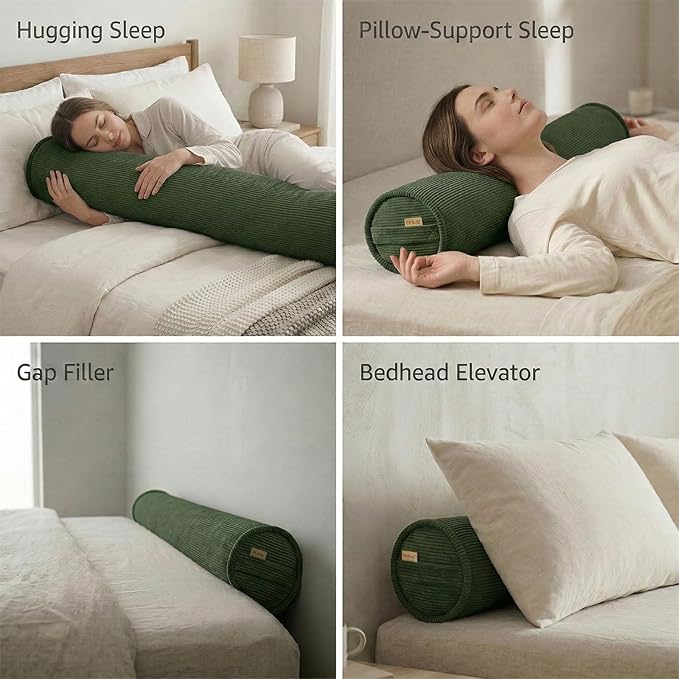 Body Pillow for Adults – Corduroy Long Round Bolster Pillow for Bed, Cuddle Pillow with Full Support for Side Sleepers & Restful Sleep,39 x 7.87 Inches,Avocado Green