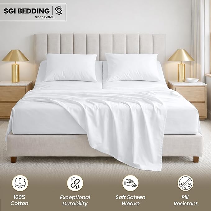 SGI bedding 28" King Split Top Flex Head Sheet 100% Egyptian Cotton Sheet Set 1000 Thread Count Flex Top Sheet for Adjustable Bed 4Pc Sheet Set 15" Deep Pocket for Sleep Number Bed - White