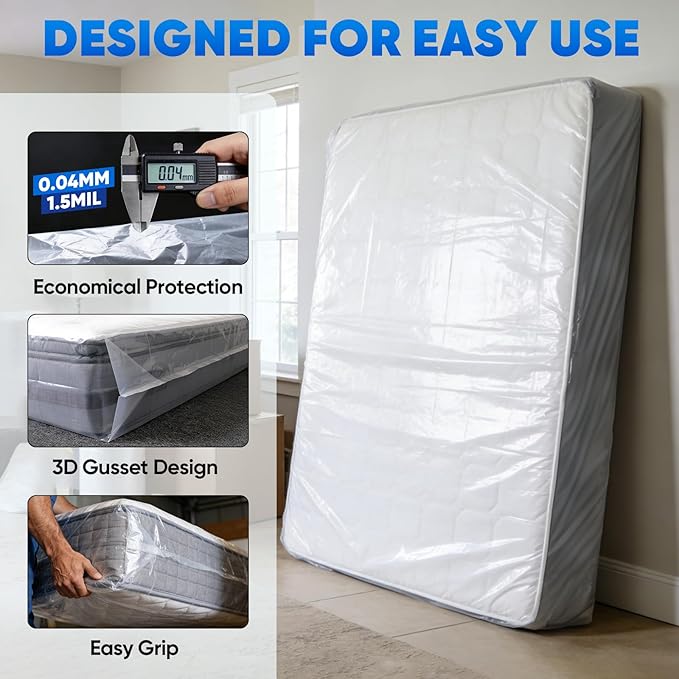 TICONN 1PK Plastic Mattress Bag for Moving Storage, Waterproof Mattress Protector Cover, Heavy-Duty Mattress Moving Supplies (1.5 mil, Twin)