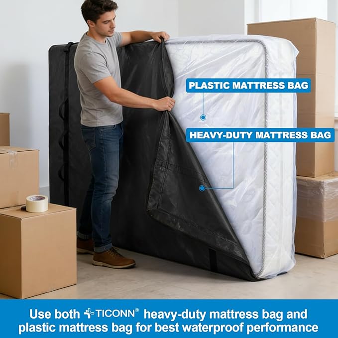 TICONN Mattress Bags for Moving, Heavy Duty Twin XL Mattress Cover Storage Bag with Full-Around Handle and Adjustable Buckles (Black, Twin XL)
