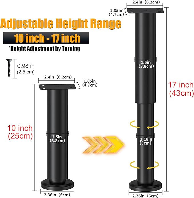Wlrrcwdttc 4 Pcs Adjustable Height Bed Support Legs for Bed Frame/Bed Center Slat, Metal Adjustable Furniture Legs 10-17 inch for Bed/Sofa/Cabinet/Couch/Dresser/Table,Heavy Duty Bed Replacement Legs