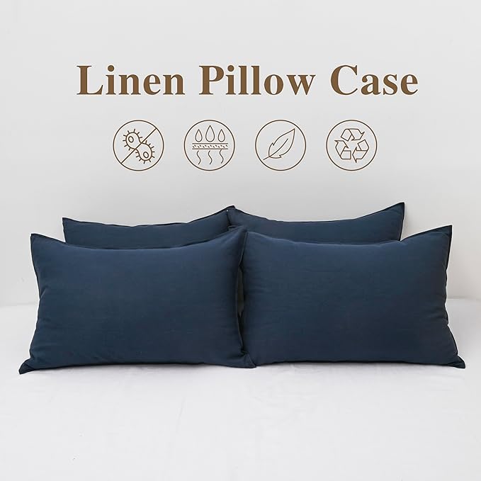 CHUFFED Linen Pillowcases 2 Pack 100% Linen Standard Pillow Cases, Breathable and Cooling Washed Pillowshams with Zipper Closure, 20x30 Inches, Navy Blue