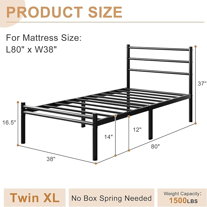 Yicensen Twin XL Bed Frame with Headboard and Footboard, 14 Inch Metal Platform Bed Frame with Steel Slat Support, No Box Spring Needed, Noise Free, Easy Assembly, Black
