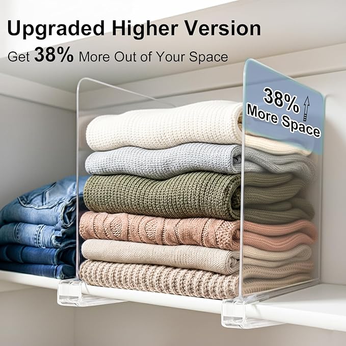 SortNStore Shelf Dividers Purse Organizer for Closet: 11-inch Tall(Extra Tall) Acrylic Sweater Organizer - Upgraded Extra Height for Large Handbags, Totes, Clothes, Towels on Wood Shelves 10-Pack