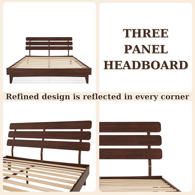 Bme Caden King Size Bed Frame and Adjustable Headboard, 15 Inch Mid Century Retro Style - Solid Acacia Wood - No Box Spring Needed - 12 Strong Wood Slat Support - Easy Assembly - Walnut