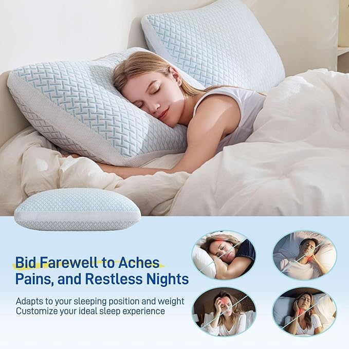 Alkyonos Shredded Memory Foam Cooling Soft Pillows Queen Size Set of 2, Adjustable Hypoallergenic Hotel Quality Pillow for Back, Side and Stomach Sleeper, Bamboo Viscose Cover, Oeko-TEX Certified