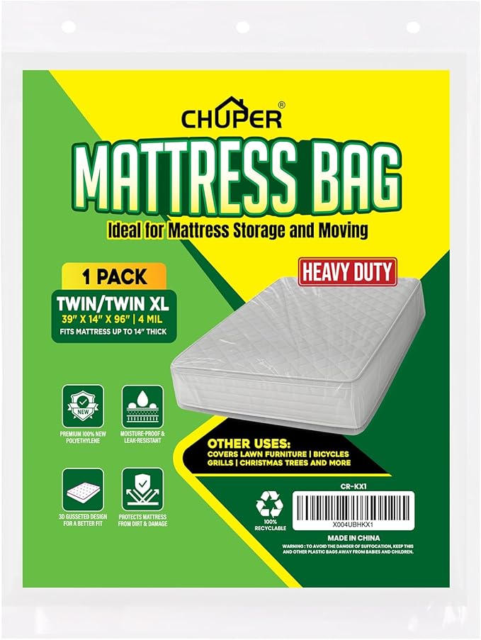 4 Mil Twin XL / Twin Mattress Bag for Moving and Storage, Tear-Resistant Heavy Duty Clear Mattress Cover Fits up to 14” Thick, 39” x 96” x 14”, 1 Pack