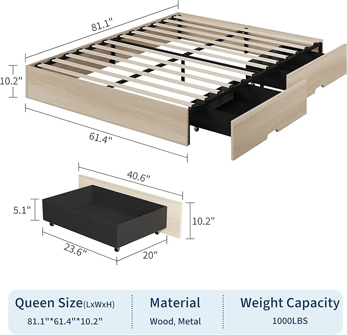 GarveeHome Queen Size Wood Platform Bed Frame with 2 Storage Drawers, Wooden Bed Frame Without Headboard, Wood Slat Support, No Box Spring Needed, Easy Assembly