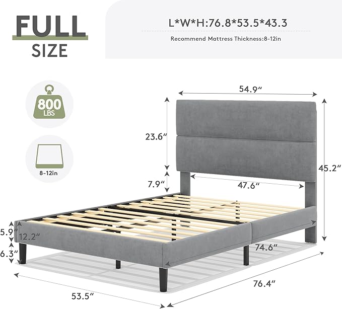 GRUSIGN Full Size Platform Bed Frame with Velvet Headboard, Adjustable Height Wooden Slats Support, Upholstered Mattress Foundation, Fits Mattress or Mattress with Box Spring, Easy Assembly, Grey