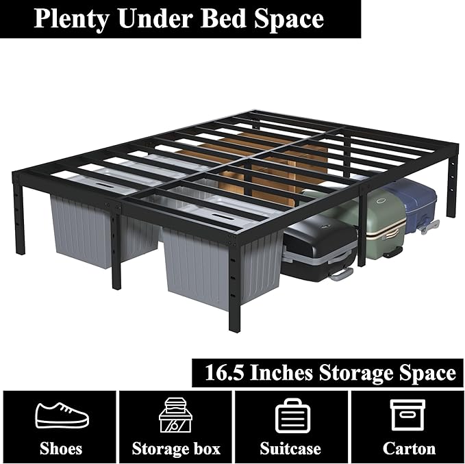 Upcanso 18 Inch Queen Bed Frame No Box Spring Required, Metal Platform Queen Size Bed Frames with High Storage, Eassy Assembly 3,500 Lbs Heavy Duty Bedframes, Black