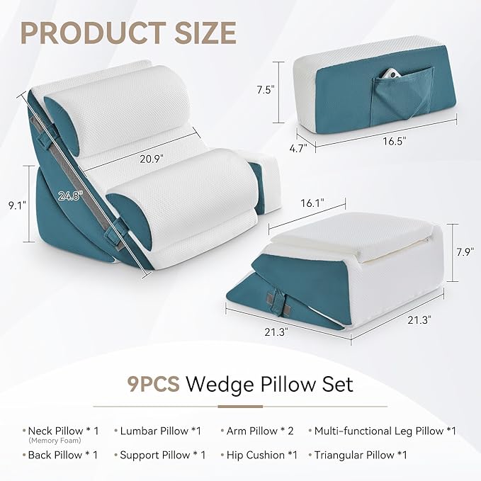 Yojoker 9PCS Orthopedic Bed Wedge Pillow Set for Sleeping, Back and Leg Pain Relief, Post Surgery Foam Pillow for Body, Triangle Adjustable Support Pillow - Acid Reflux Sleeping Pillows Navy