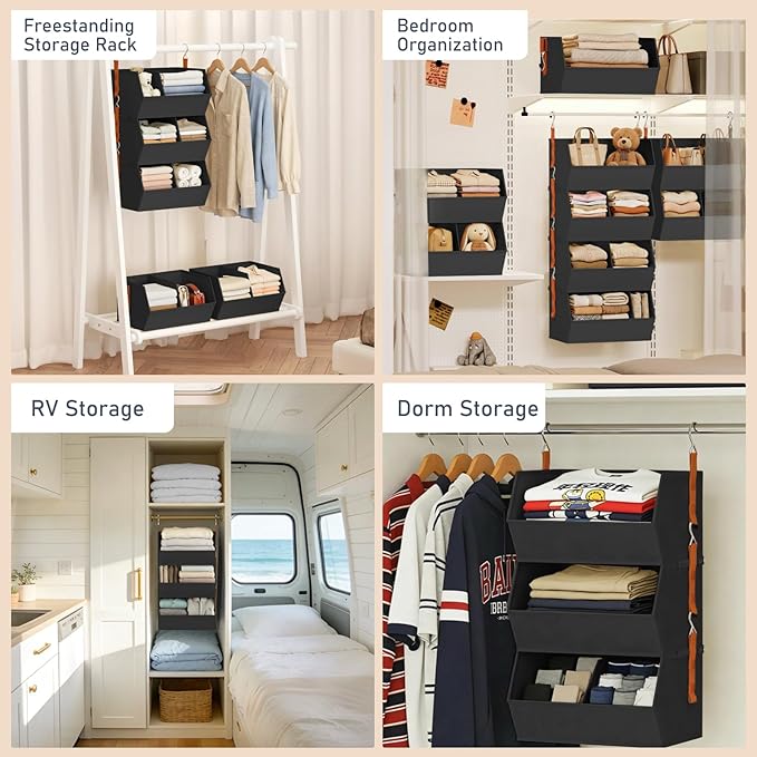 DIMJ Hanging Closet Organizer Extra Large, Clothes Hanging Shelves for Closet with Divider, Collapsible Closet Storage System, Fabric Storage Bins for Home, Black, 15.75 × 12.20 × 9.44, 3 Pack