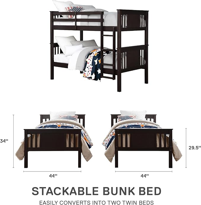DHP Dylan Convertible Wood Bunk Bed, Stackable and Detachable Bed Frames for Kids and Teens, with Ladder, High Guardrail, Wood Slats, No Boxspring Required, Twin-Over-Twin, Espresso