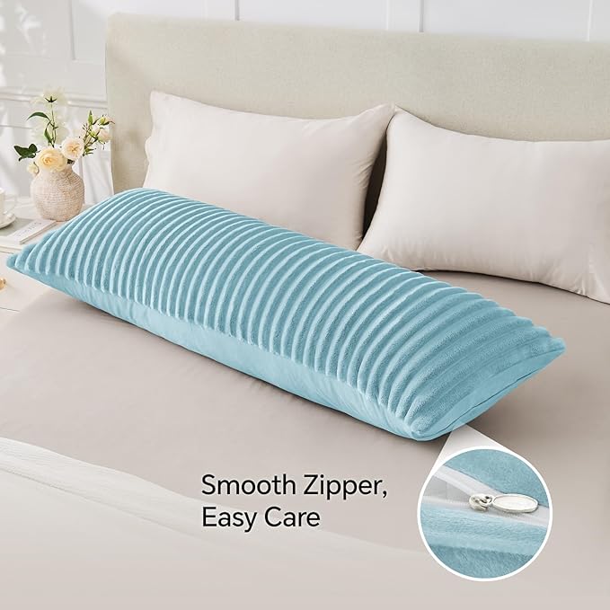 BEDELITE Fluffy Faux Fur Body Pillow Cover with Zipper, Luxury Plush 3D Striped Pillow Cover 20x54 Inches, Super Soft and Cozy Long Body Pillow Pillowcase for Bed Sofa Couch Room Decor(Light Blue)