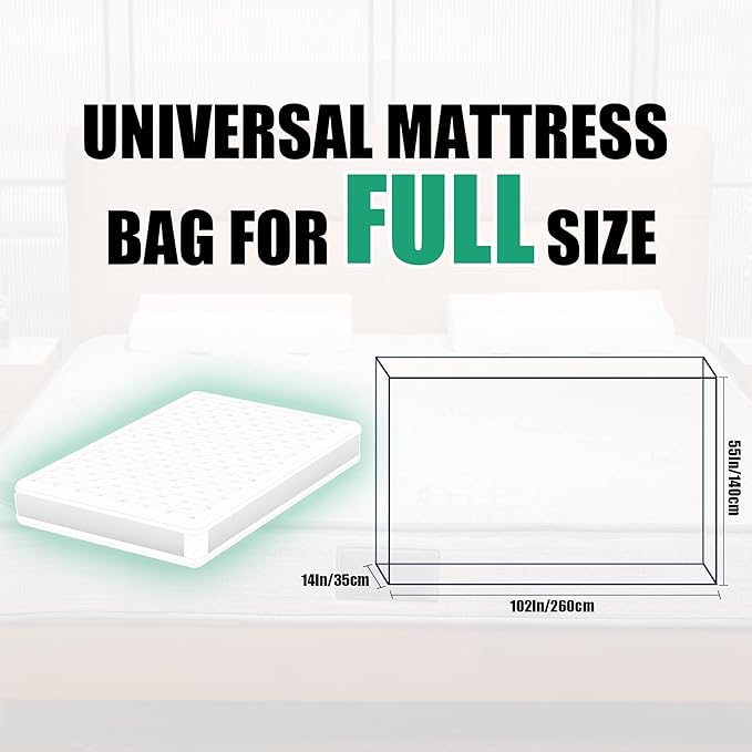 Full Size Mattress Bag for Moving and Storage - 5 Mil Heavy Duty, Plastic Waterproof Mattress Cover, Reusable, Tearproof