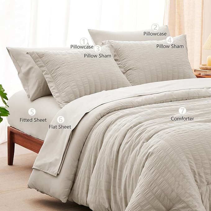 CozyLux Oversized Queen Comforter Set Beige Seersucker 7 Pieces 98x98 Bed in a Bag Comforter Set with Sheets, Luxury Soft Bedding Sets with Down Alternative Comforter, Sheets, Pillowcases & Shams