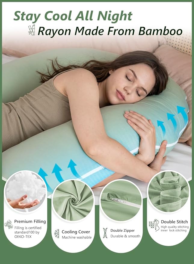 Meiz Question Mark Body Pillow for Adults & Couples - Rayon Cover Derived from Bamboo, Full Body Support for Side Sleepers, Back & Pregnancy, with Detachable Heart Cushion, Sage Green