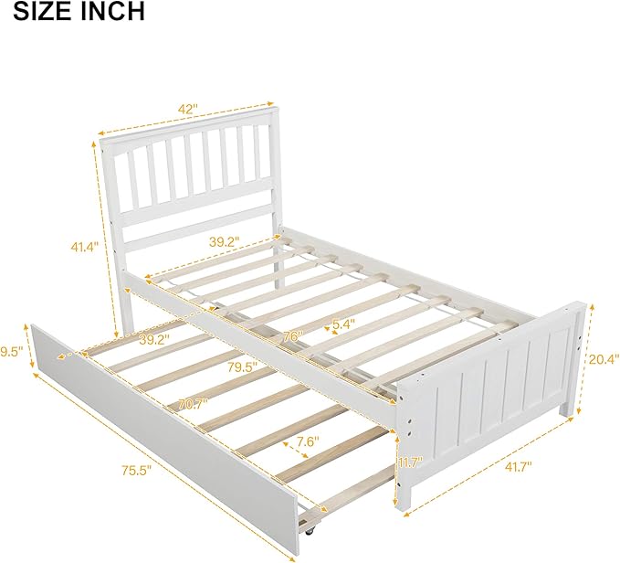 Ball & Cast Twin Bed Frames,Dyabed Platform Bed W/Pull Out Trundle Bed and Headboard,Wood Slats Support,Mattress not Included,for Bedroom,Guest Room,Apartment,White