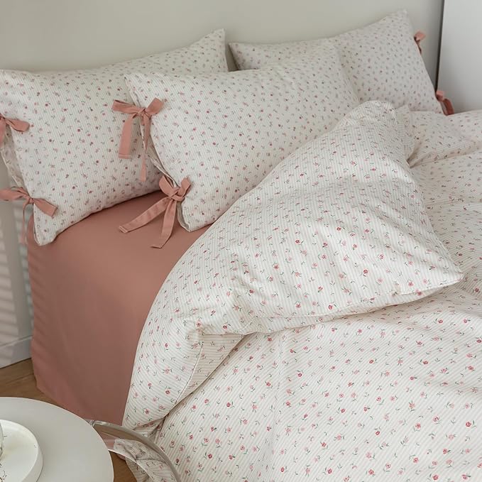mixinni White Flower Pattern Duvet Cover King Pink Floral Stripes Duvet Cover Set 100% Cotton Bedding Set with Zipper Ties Bow Tie Pillowcases, Easy Care, Ultra Soft and Breathable-King Size