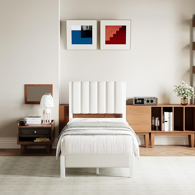 Avenco Twin Size Bed Frame with Velvet Upholstered Piano Keys Headboard, Metal Platform Bed Frame with Metal Slats for Bedroom, White
